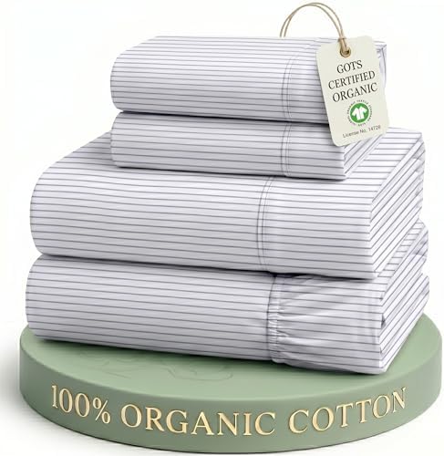 LANE LINEN Full Size Bed Sheets 100% Organic Cotton Soft - Ticking Stripe