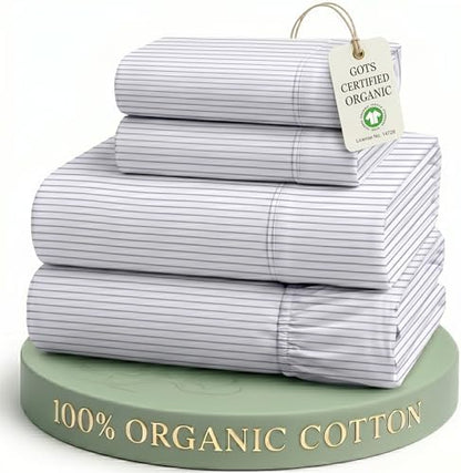 LANE LINEN Full Size Bed Sheets 100% Organic Cotton Soft - Ticking Stripe