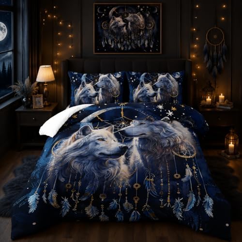 Wolf Dream Catcher Comforter Set King Size，Modern Wildlife Animal Comforter Tie Dye Wolf Bedding Set for Girls Boys Kids Teens Watercolor Wolf Dark Clouds Wild Animal Comforter with 2 Pillowcases