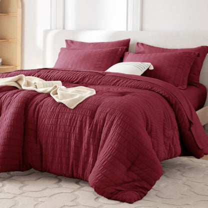MUXHOMO 7 Pieces King Comforter Set, Seersucker Bed in a Bag King Size, All Season Luxury Bedding Set with Comforter, Flat Sheet, Fitted Sheet, Pillowcases & Shams, Burgundy