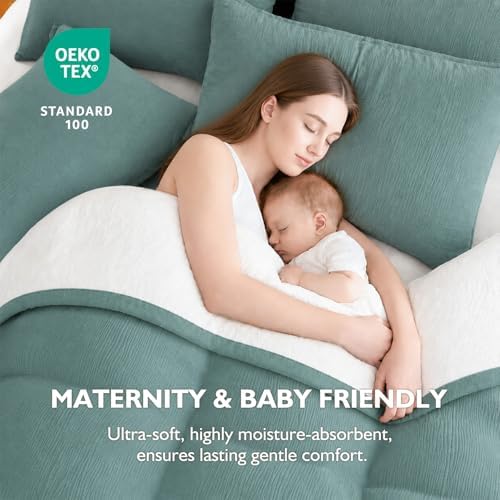 EMME Muslin Cotton Duvet Cover Set Linen Like Teal&White Twin