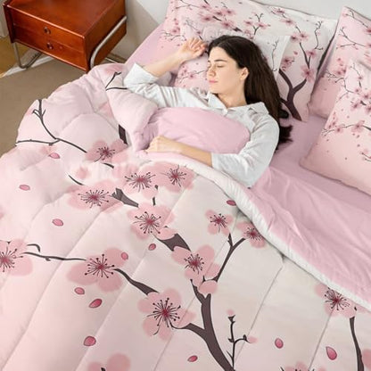 Erosebridal Cherry Blossoms Full Size Comforter Set, Girl Pink Floral 7-Piece Bed in A Bag, Japanese Spring Sheets and Pillowcases, Petal Branch Girly Romantic Bedding Set Room Decor