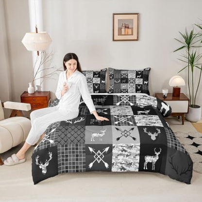 Feelyou Camo Deer Antlers Comforter Set All Season Animal Arrow Silhouette Bedding Set with 2 Pillow Cases Rustic Cabin Microfiber Kids King Bedclothes Lattice Bedroom Decor Duvet Quilt Breathable