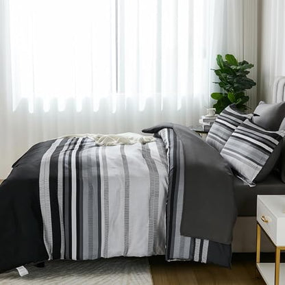 Dobuyly Black Comforter Set Twin Size Bed in a Bag 5 Piece, Classic Striped Black and Grey Bed Bedding Set with Sheets Soft Microfiber All Season for Teen Boys