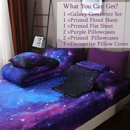 JQinHome Full Galaxy Purple Comforter Sets Blanket,8 Piece Bed in A Bag 3D Outer Space Themed Bedding, All-Season Reversible Quilted Duvet, for Children Boy Girl Teen Kids(Blue Purple)