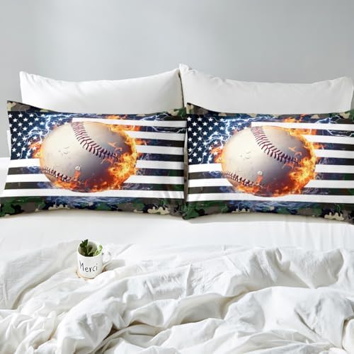 American Flag Comforter Set, Baseball Bedding Set Full For Kids Boys Teens Bedroom Decor, Camouflage Down Comforter Usa Federations Stars Sports Games Quilted Duvet With 2 Pillow Cases, Red Black