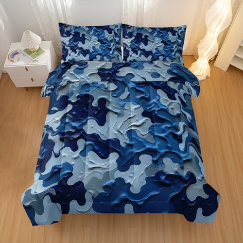 Nttopship Camouflage Bedding Set,Blue Camouflage Pattern Style King Comforter Set for Adult Teens Camo Bed in A Bag 3 Pieces,Camo Pattern Room Decor with Comforter and 2 Pillow Case