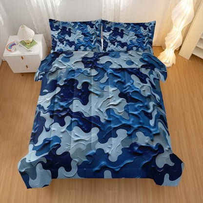 Nttopship Camouflage Bedding Set,Blue Camouflage Pattern Style King Comforter Set for Adult Teens Camo Bed in A Bag 3 Pieces,Camo Pattern Room Decor with Comforter and 2 Pillow Case