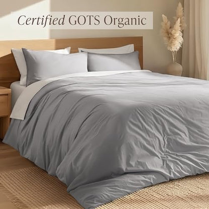 Bare Home 100% Organic Cotton Percale Duvet Cover Set (Queen, Light Grey)