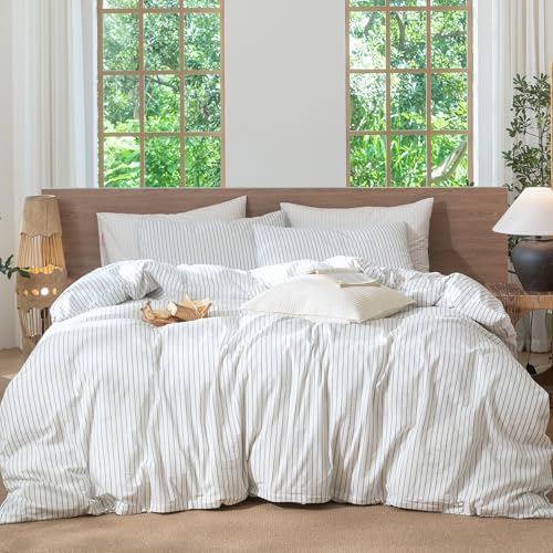 MooMee Striped Duvet Cover Set 100% Washed Cotton Linen Like Super Queen