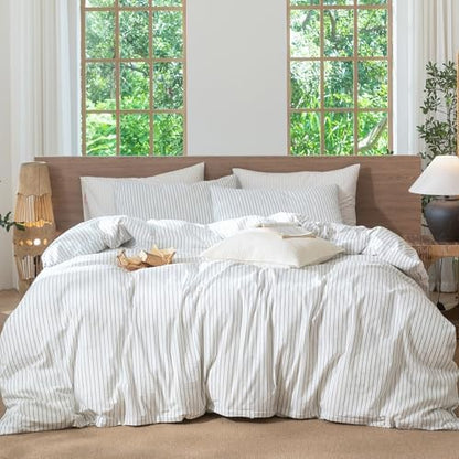 MooMee Striped Duvet Cover Set 100% Washed Cotton Linen Like Super Queen