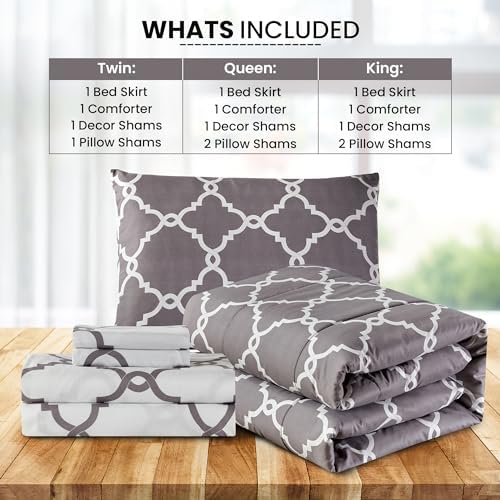 LUX Décor Reversible 5pc Queen Comforter Set, Printed Bedding Set, All-in-One Bed in a Bag, Includes 1 Comforter, 2 Pillow Shams, 1 Decorative Pillow & 1 Bed Skirt (Quatrefoil Grey,Queen)