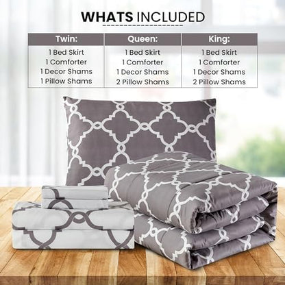 LUX Décor Reversible 5pc Queen Comforter Set, Printed Bedding Set, All-in-One Bed in a Bag, Includes 1 Comforter, 2 Pillow Shams, 1 Decorative Pillow & 1 Bed Skirt (Quatrefoil Grey,Queen)