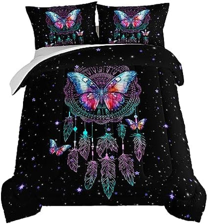 HOSIMA Dream Catcher Tween Bedding Sets for Girls,Butterfly Feather Dream Stories Comforter Set Kidcore Room Decor Aesthetic Galaxy Starry Black Princess Twin Bedding Set with 2 Pillowcases.