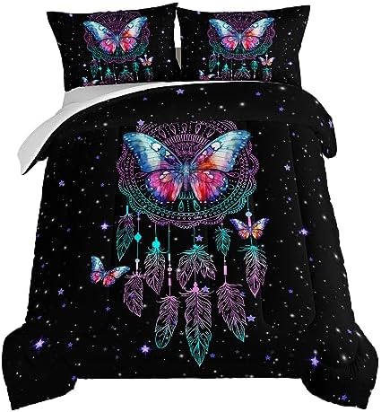 HOSIMA Dream Catcher Tween Bedding Sets for Girls,Butterfly Feather Dream Stories Comforter Set Kidcore Room Decor Aesthetic Galaxy Starry Black Boho Comforter Set King Size with 2 Pillowcases.