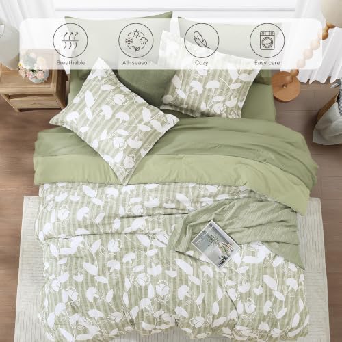 BLOOMHAVEN Full Size Comforter Sets-7 Pieces Sage Floral Bed in a Bag