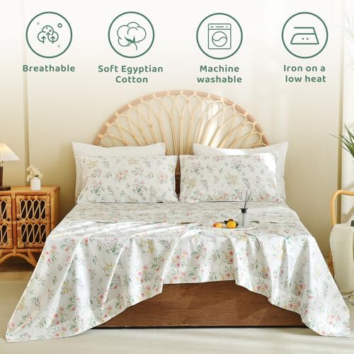 QSH Green Floral Sheets Queen Size,Yellow Flowers Botanical Pattern Printed Bedding Sheets 100% Egyptian Cotton Sheet Queen Size Set Extra Soft and Breathable 17.5" Deep Pockets Bed Sheet 4pcs