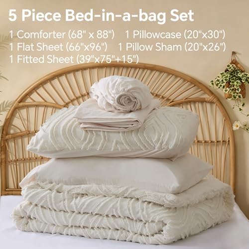 BEDELITE Twin Comforter Set 5 Pieces,Boho Bed in a Bag,Wavy-Cream White