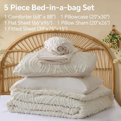 BEDELITE Twin Comforter Set 5 Pieces,Boho Bed in a Bag,Wavy-Cream White