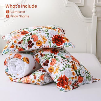 Mooreeke Floral Queen Size Comforter Sets, Vintage Red Blossoms Patterned Bed in a Bag for All Seasons, 3-Piece Farmhouse Rustic Bedding Set with Fluffy Quilted Reversible Comforter & 2 Pillow Shams