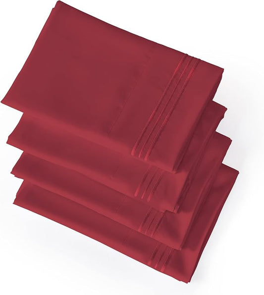 YIYEA King Pillow Cases Set of 4, Ultra Soft 1800TC Hotel Quality Double Brushed Microfiber Embroidered Pillowcases, Envelope Closure, Fade Resistant (20"x36", Burgundy)