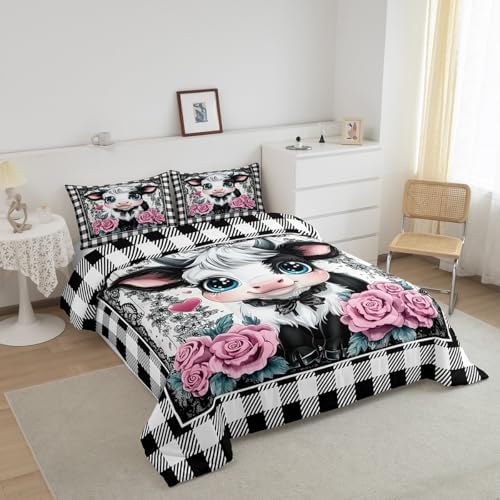 Feelyou Kids Cute Highland Cow Comforter Set Queen Size Highland Cattle Bedding Set Boys Girls Flowers Floral Pattern Quilt Set Black White Plaid Buffalo Check Bed Set