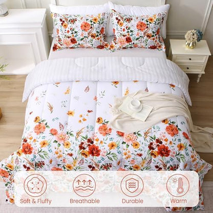 Mooreeke Floral Queen Size Comforter Sets, Vintage Red Blossoms Patterned Bed in a Bag for All Seasons, 3-Piece Farmhouse Rustic Bedding Set with Fluffy Quilted Reversible Comforter & 2 Pillow Shams