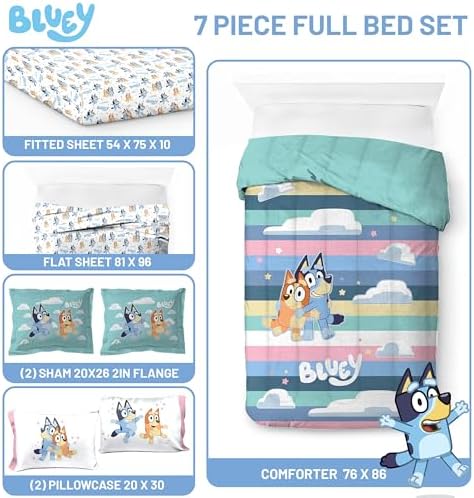 Bluey Bingo Full Size Comforter Set 7 Piece Soft Kids Bedding, Multi
