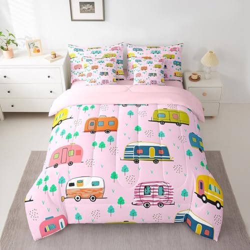Erosebridal Kids Travel RV Comforter Set King Size,Camping Themed Bedding Set for Kids Teens,Cartoon Trees (Comforter+Fitted+Flat Sheet+2 Pillowcases+2 Throw Pillow Covers) 7 Pieces Bed Set