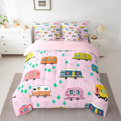 Erosebridal Kids Travel RV Comforter Set King Size,Camping Themed Bedding Set for Kids Teens,Cartoon Trees (Comforter+Fitted+Flat Sheet+2 Pillowcases+2 Throw Pillow Covers) 7 Pieces Bed Set