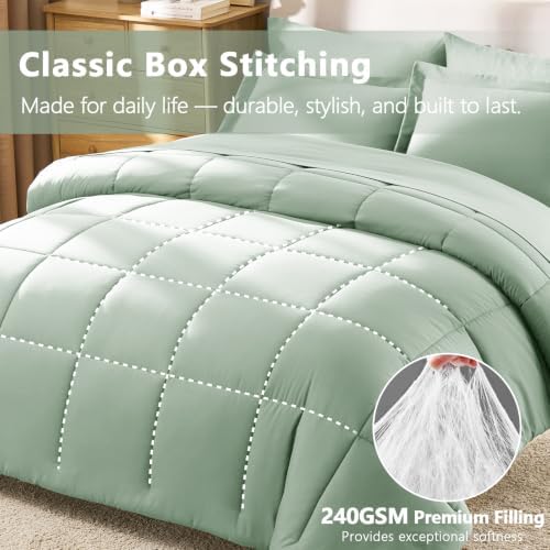 CozyLux Full Size Comforter Sets, 7-Piece Bed in a Bag, Sage Green