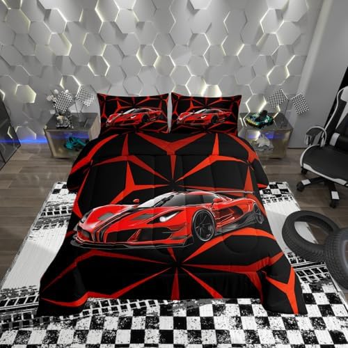 Castle Fairy Racing Car Comforter Set King Size,Extreme Sport Theme Abstract Geometric Lines Down Alternative Adults Bedroom Decor,Red Race Car Ultra Soft Microfiber Inner Fill 3 Pcs Bedding