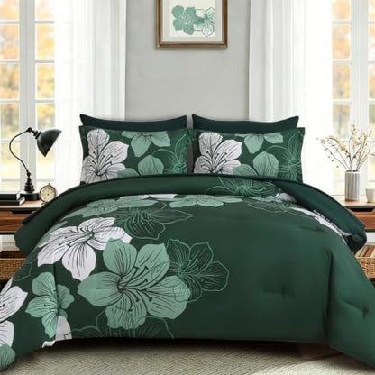 Emerald Green Comforter Set Queen Size, 7 Pieces Floral Bed in a Bag