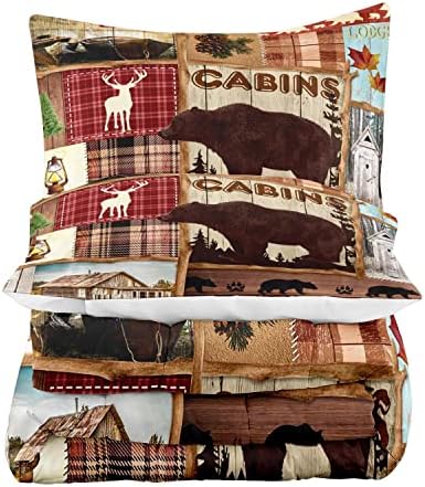 LUVIVIHOME 2PCS Deer Bear Cabin Comforter Set, Twin Comforter, Elk Moose Forest Animal Wildlife Hunting Hunter Red Buffalo Plaid Patchwork Quilt Country Lodge Rustic Farmhouse Bedding, 1 Pillow Sham