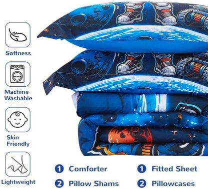 Viviland Kids Bedding Set Full Size Comforter Sets, Bed in Interstellar Astronaut Cover Set for Children