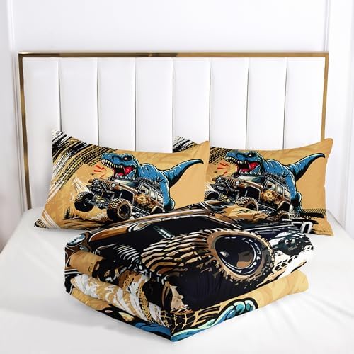 AILONEN Cartoon Monster Trucks Comforter Set Twin Size, Roaring Dinosaurs Bedding Set for Kids Boys,Extreme Sports Trucks Bed in a Bag,3 Pieces,1 Quilt and 2 Pillowcases