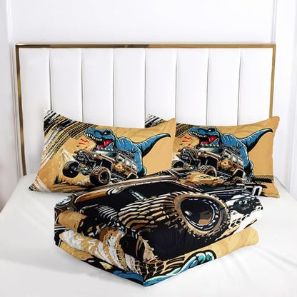 AILONEN Cartoon Monster Trucks Comforter Set Twin Size, Roaring Dinosaurs Bedding Set for Kids Boys,Extreme Sports Trucks Bed in a Bag,3 Pieces,1 Quilt and 2 Pillowcases
