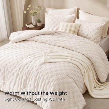 Love's cabin Fleece King Comforter Set, Fluffy Reversible Bedding, Cream