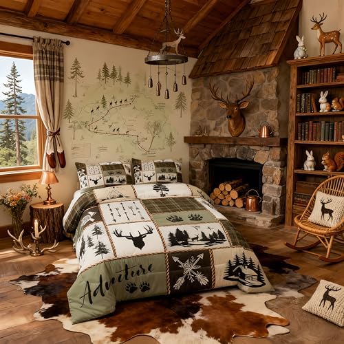 Rustic Farmhouse Kids Comforter Set Twin Size,Deer Antlers Bear Paws Plaids Patchwork Bedding Set for Boys Girls Adults Room Decor,Pine Trees Arrows Down Comforter,Retro Duvet Insert,1 Pillowcase