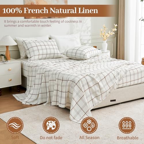 MEISHANG 100% French Pure Linen Sheets Queen Size - Bed Sheets 4 Piece Sets, Soft Durable Flax Linen, Anti-Tear Breathable Moisture Wicking with 16" Deep Pocket (Linen Plaid)
