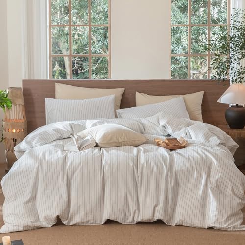 MooMee Striped Duvet Cover Set 100% Washed Cotton Linen Like Cal King