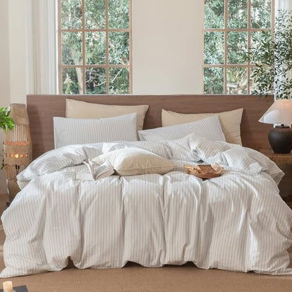 MooMee Striped Duvet Cover Set 100% Washed Cotton Linen Like Full