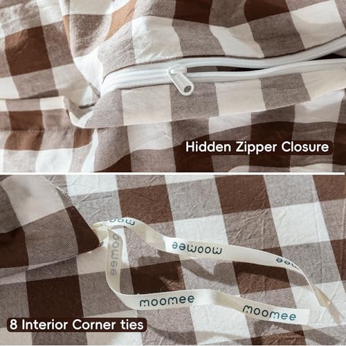 MooMee Gingham Duvet Cover Set 100% Washed Cotton Linen Like