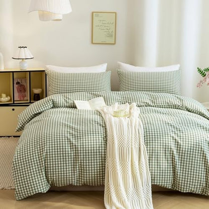 Mucalis Green Gingham Duvet Cover Queen 100% Washed Cotton Tan Plaid Checkered Vintage Grid 3 Piece Bedding Set with Zipper Closure Corner Ties,Durable,Breathable,Easy Care