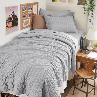 HYMOKEGE Light Grey Twin Comforter Set Seersucker 5 Pieces, All Season Luxury Bed in a Bag for Bedroom, Bedding Set with Comforters, Sheets, Pillowcase & Sham