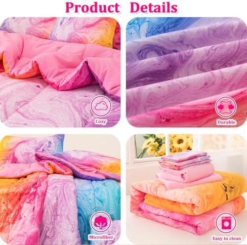 Girls Twin Bedding Sets, 6 Pcs Pink Twin Szie Comforter Set with Sheets, Watercolor Marble Abstract Art Superior Bedding Set for Girls Kids