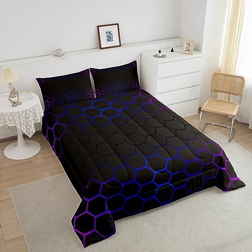 Feelyou Purple Blue Ombre Hexagon Comforter Set King Size, Geometrics Honeycomb Bedding Set for Boys Girls Hexagonal Geometrical Blue Black Comforter Abstract Duvet Set Microfiber Bed Set