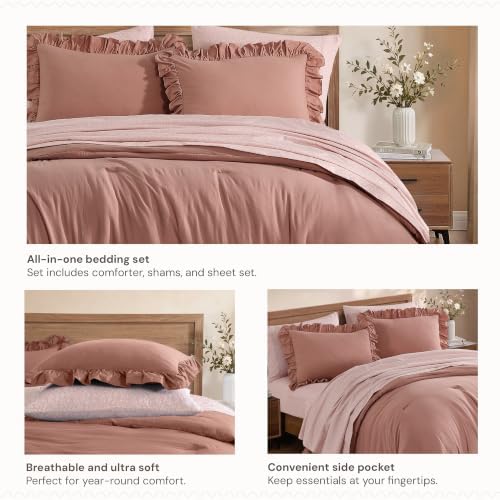 BLOOMHAVEN Full Size Comforter Sets-7 Pieces Ruffle Bedding Floral Sheet