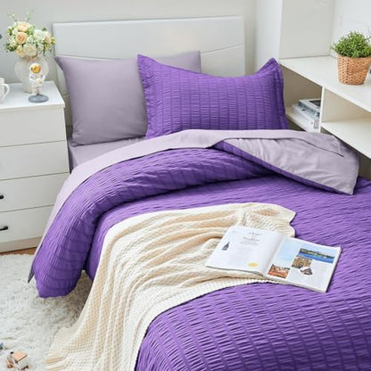 HYMOKEGE Dark Purple/Lavender Twin XL Comforter Set Seersucker 5 Pieces, All Season Luxury Bed in a Bag for Bedroom, Bedding Set with Comforter, Sheets, Pillowcase & Sham