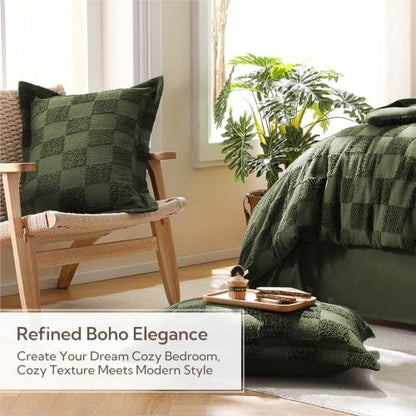 MR&HM Queen Comforter Set 7 Pieces, Checkered Boho Bed Set Dark Olive Green